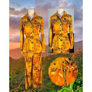 Vintage 70s Bayberry Safari Disco Button Up Blouse Flare Bottom Pant Set M